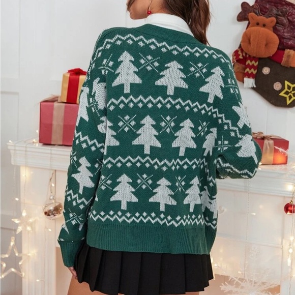 Christmas Tree Pattern Drop Shoulder V Neck Cardigan - Picture 5 of 11